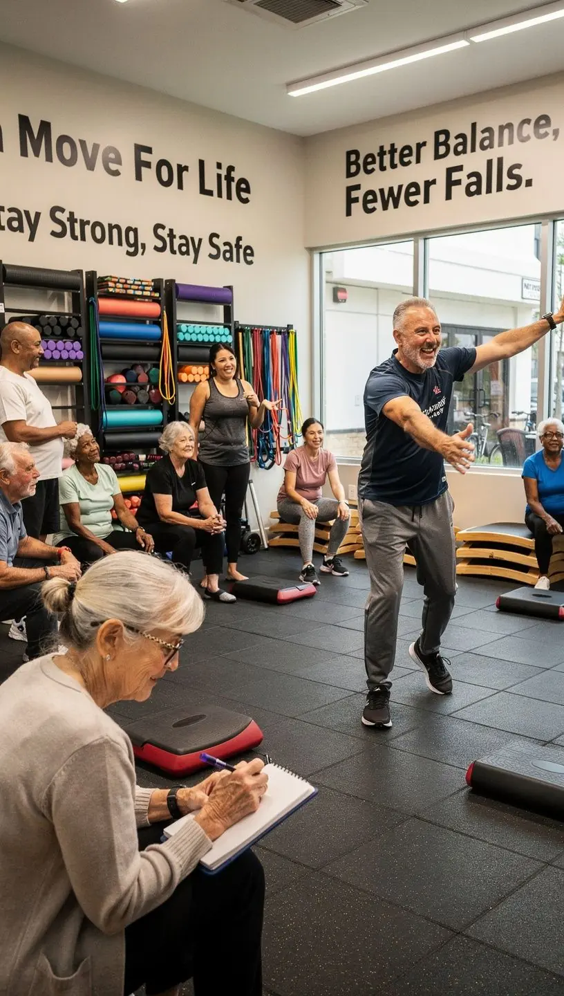 Instruktors demonstrē drošas kustības, lai novērstu traumas vecākiem cilvēkiem.