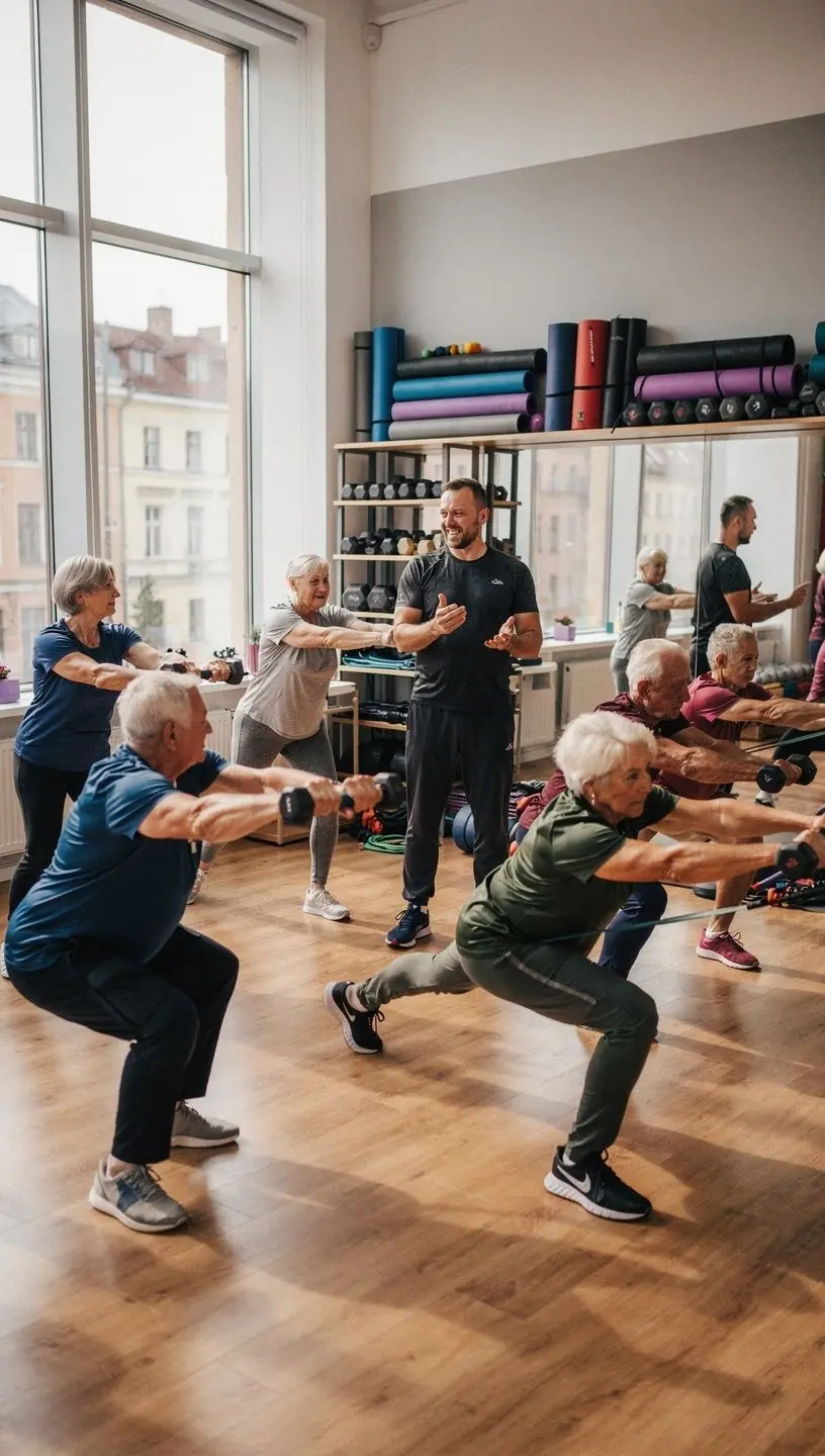 Grupas nodarbība, kurā vecāka gadagājuma cilvēki veic vingrinājumus, lai uzlabotu ķermeņa līdzsvaru.