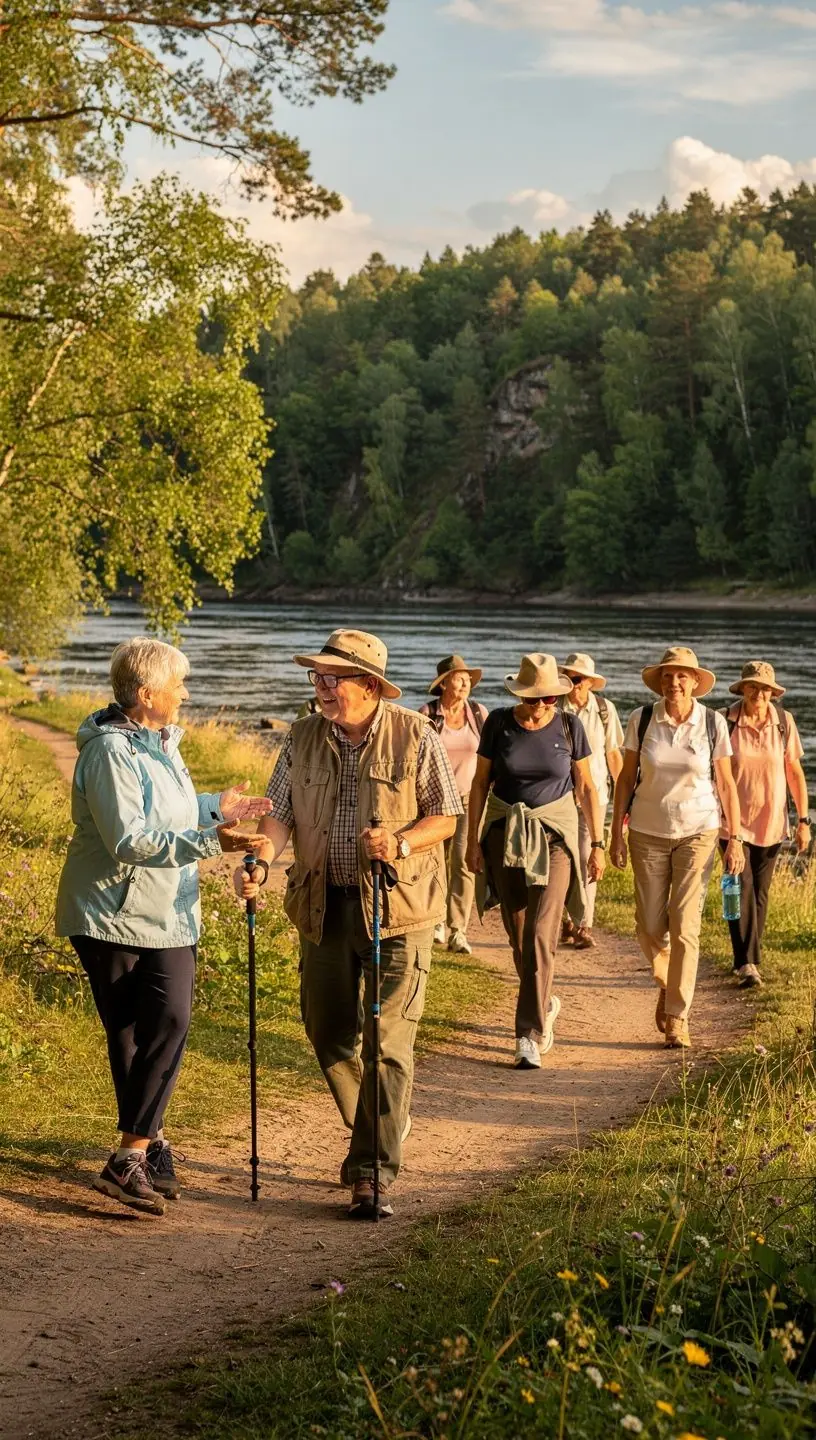 Vingrošanas paklājs ar vecāka gadagājuma cilvēku grupu, kas veic kopīgas nodarbības.