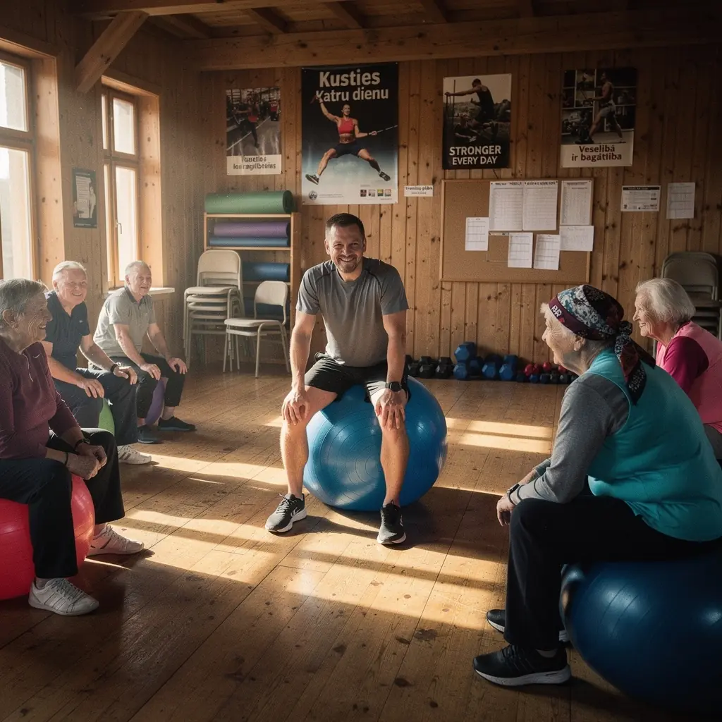 Seniors, kas veic līdzsvara vingrinājumus, lai stiprinātu muskuļus un novērstu krišanu.