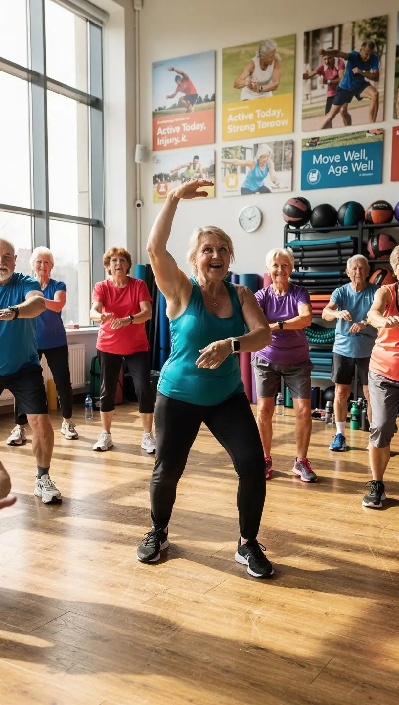 Seniors, kas piedalās funkcionālās kustību apmācībās, izmantojot tiešsaistes programmas.