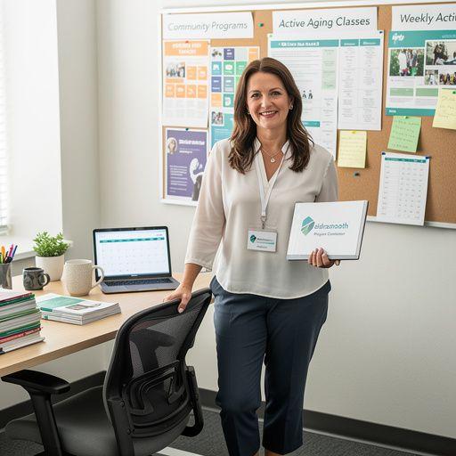 Seniori kopā vingro zālē, izmantojot speciālus sporta rīkus.